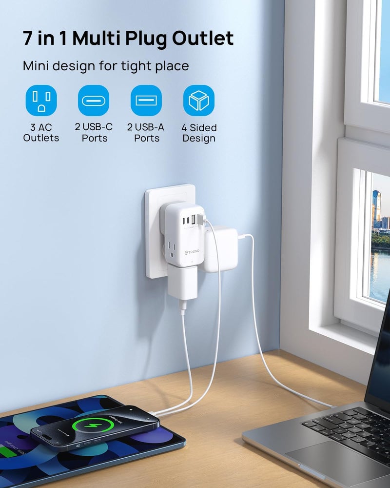 TROND Outlet Splitter with 360 Rotating Plug, 3 AC Plug Extender with 2 USB-C & 2 USB-A Ports, Additional Outlets Off to Side, Useful Adapter with Rotating Design for Home Travel Cruise Essentials - Image 3